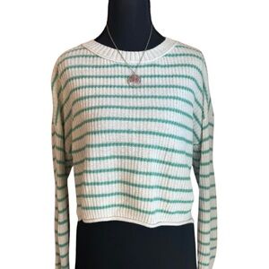 Women’s Medium Wild Fable Green and White Striped Oversized Cropped Sweater